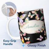 Personalized Custom Name Pastel Watercolor Butterflies White Background Seamless Pattern 11oz Ceramic Coffee Tea Mug White Large Handle