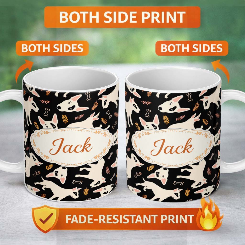 Personalized Custom Name Bull Terrier Dogs Black Background Leaves Seamless Pattern Lovely 11oz Ceramic Coffee Tea Mug White Large Handle