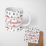 Personalized Custom Name Watercolor Christmas Trees Red Truck Winter Forest Seamless Pattern 11oz Ceramic Coffee Tea Mug White Large Handle