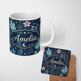 Personalized Custom Name Celestial Butterfly Moon Stars Night Sky Botanical Seamless Pattern 11oz Ceramic Coffee Tea Mug White Large Handle