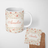 Personalized Custom Name Pastel Flower Meadow Seamless Pattern Beautiful Coffee Cup Lovely 11oz Ceramic Coffee Tea Mug White Large Handle