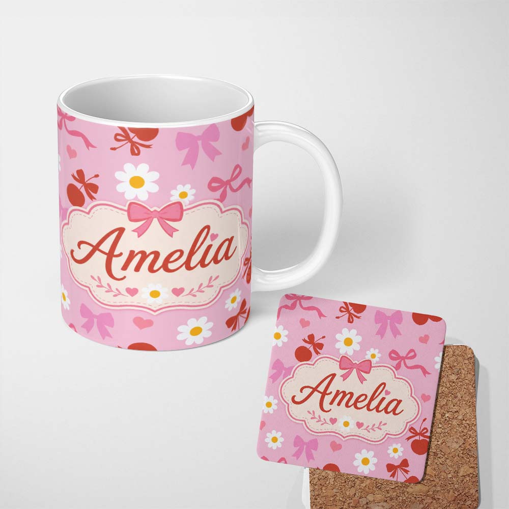 Personalized Custom Name Pink Cherry and Bow Decorative with Floral Elements Sweet Style 11oz Ceramic Coffee Tea Mug White Large Handle