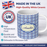 Personalized Custom Name Blue Floral Tile Geometric Seamless Pattern Ornamental Repeat Design 11oz Ceramic Coffee Tea Mug White Large Handle