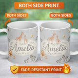 Personalized Custom Name Cute Safari Animals Giraffe Lion Zebra on Grey Background Seamless 11oz Ceramic Coffee Tea Mug White Large Handle
