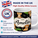 Personalized Custom Name Cute Jungle Animals Lion Tiger Leopard Tropical Leaves Black Lovely 11oz Ceramic Coffee Tea Mug White Large Handle