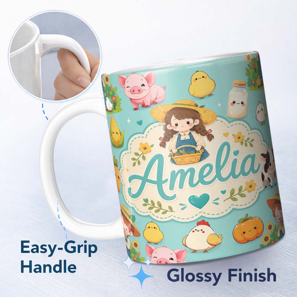 Personalized Custom Name Cute Farm Animals Girl Pig Cow Chicken Mint Green Background Lovely 11oz Ceramic Coffee Tea Mug White Large Handle
