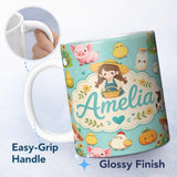 Personalized Custom Name Cute Farm Animals Girl Pig Cow Chicken Mint Green Background Lovely 11oz Ceramic Coffee Tea Mug White Large Handle