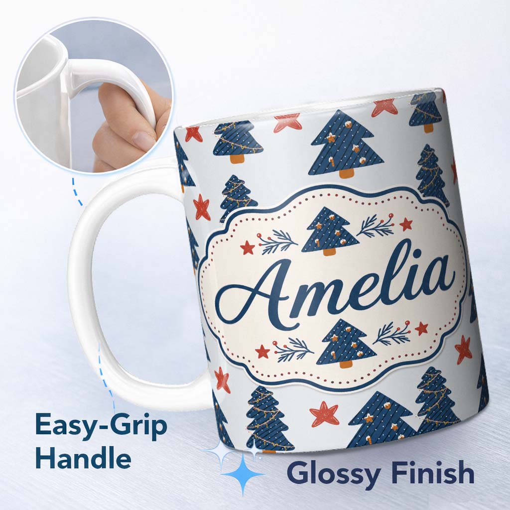 Personalized Custom Name Navy Blue Christmas Trees Red Stars Festive Seamless Pattern Lovely 11oz Ceramic Coffee Tea Mug White Large Handle