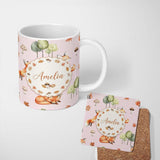 Personalized Custom Name Watercolor Woodland Fox Mushroom Autumn on Dusty Pink Background 11oz Ceramic Coffee Tea Mug White Large Handle