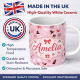 Personalized Custom Name Festive Red White Christmas Mixed Seamless Pattern Cute Unique Gift 11oz Ceramic Coffee Tea Mug White Large Handle