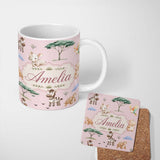 Personalized Custom Name Cute Safari Animals Zebra Rhino Turtle Pink Seamless Pattern Lovely 11oz Ceramic Coffee Tea Mug White Large Handle
