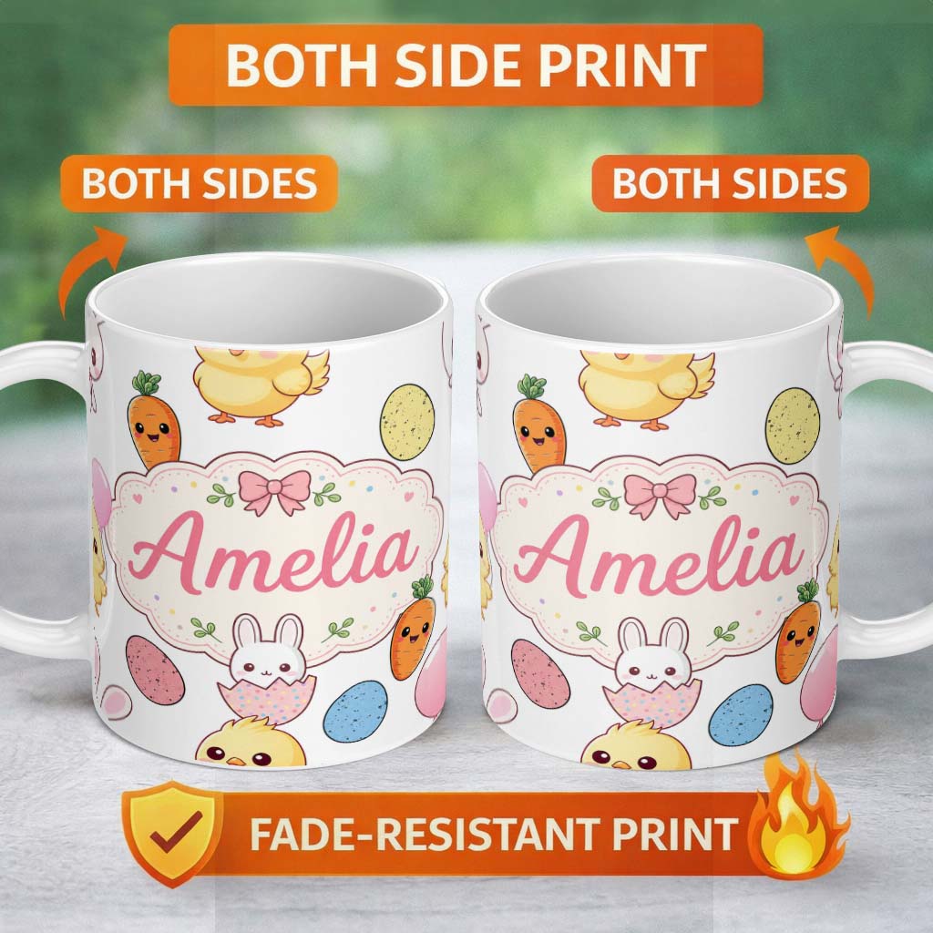 Personalized Custom Name Cute Easter Bunny Chick Carrots Eggs Polka Dot Seamless Pattern Grey 11oz Ceramic Coffee Tea Mug White Large Handle
