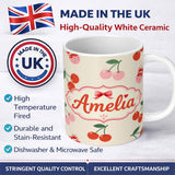 Personalized Custom Name Cherry Fruit Blue Gingham Picnic Check Seamless Pattern Lovely 11oz Ceramic Coffee Tea Mug White Large Handle
