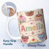 Personalized Custom Name Cute Birthday Cupcakes Sweet Treat Candles Seamless Pattern Lovely 11oz Ceramic Coffee Tea Mug White Large Handle
