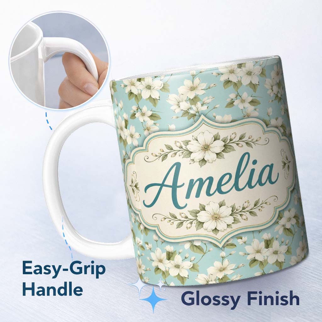 Personalized Custom Name Light Blue Background Delicate White Flower Branch Pattern Botanical 11oz Ceramic Coffee Tea Mug White Large Handle