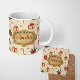 Personalized Custom Name Christmas Tree Candy Cane Gift Box Snowflakes Seamless Pattern 11oz Ceramic Coffee Tea Mug White Large Handle