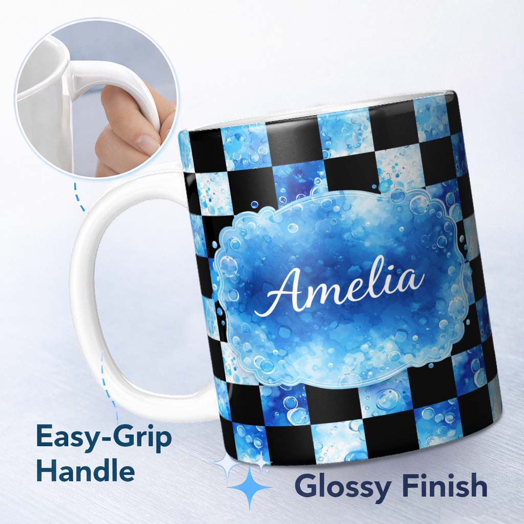 Personalized Custom Name Abstract Blue Bubble Checkered Seamless Pattern Stylish Everyday Mug 11oz Ceramic Coffee Tea Mug White Large Handle