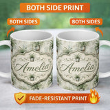 Personalized Custom Name Fresh Green Grass Leaf Botanical Seamless Pattern Cute Unique Gift 11oz Ceramic Coffee Tea Mug White Large Handle