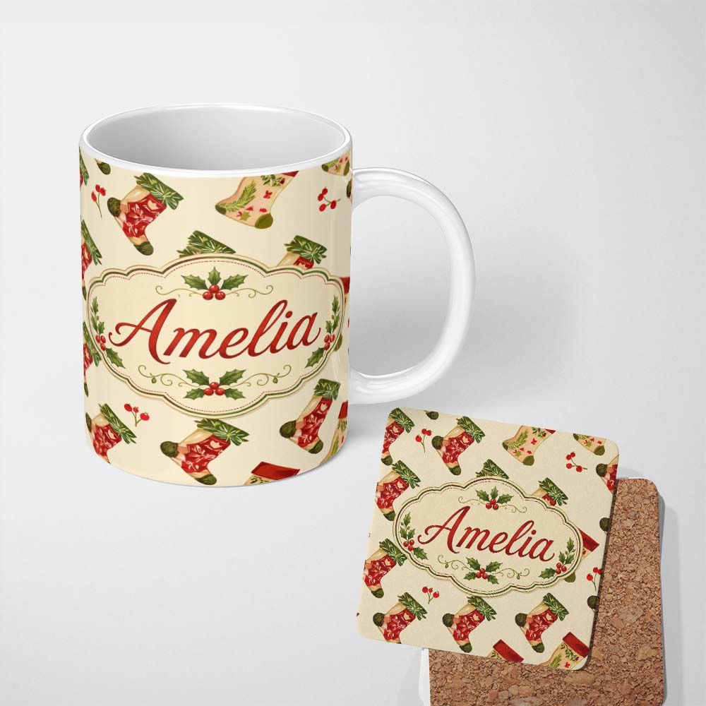 Personalized Custom Name Watercolor Christmas Stockings with Holly Berries Festive Holiday 11oz Ceramic Coffee Tea Mug White Large Handle