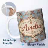 Personalized Custom Name Weathered Blue and Rust Ornate Tile Pattern with Antique Finish 11oz Ceramic Coffee Tea Mug White Large Handle