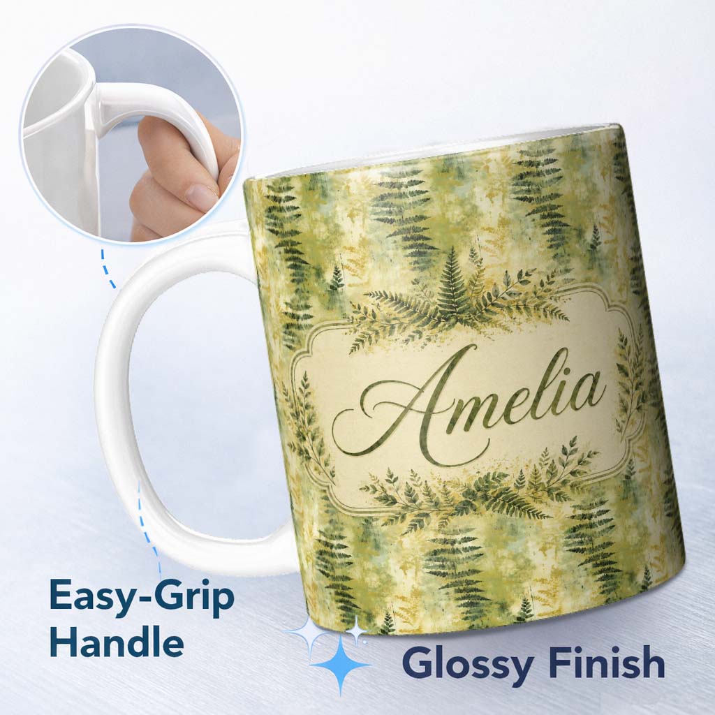 Personalized Custom Name Earthy Fern Pattern on Warm Yellow Green Abstract Background Lovely 11oz Ceramic Coffee Tea Mug White Large Handle