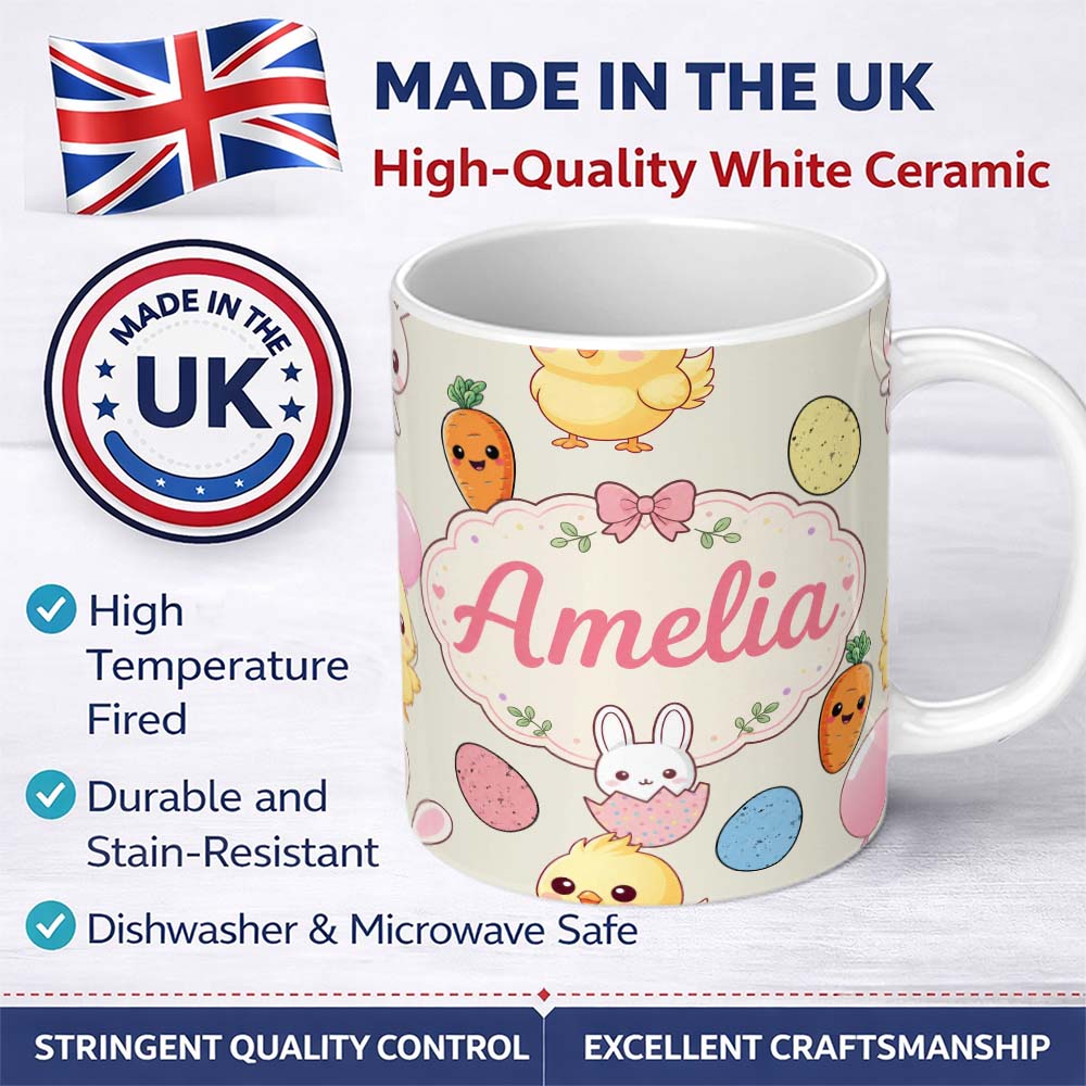 Personalized Custom Name Cute Easter Bunny Chick Eggs Carrot Cute Seamless Pattern Cream 11oz Ceramic Coffee Tea Mug White Large Handle