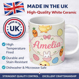 Personalized Custom Name Cute Easter Bunny Chick Eggs Carrot Cute Seamless Pattern Cream 11oz Ceramic Coffee Tea Mug White Large Handle
