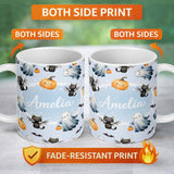 Personalized Custom Name Halloween Ghost Pumpkin Cat Seamless Pattern Cute Spooky Kawaii 11oz Ceramic Coffee Tea Mug White Large Handle