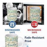 Personalized Custom Name Light Blue Background Delicate White Flower Branch Pattern Botanical 11oz Ceramic Coffee Tea Mug White Large Handle
