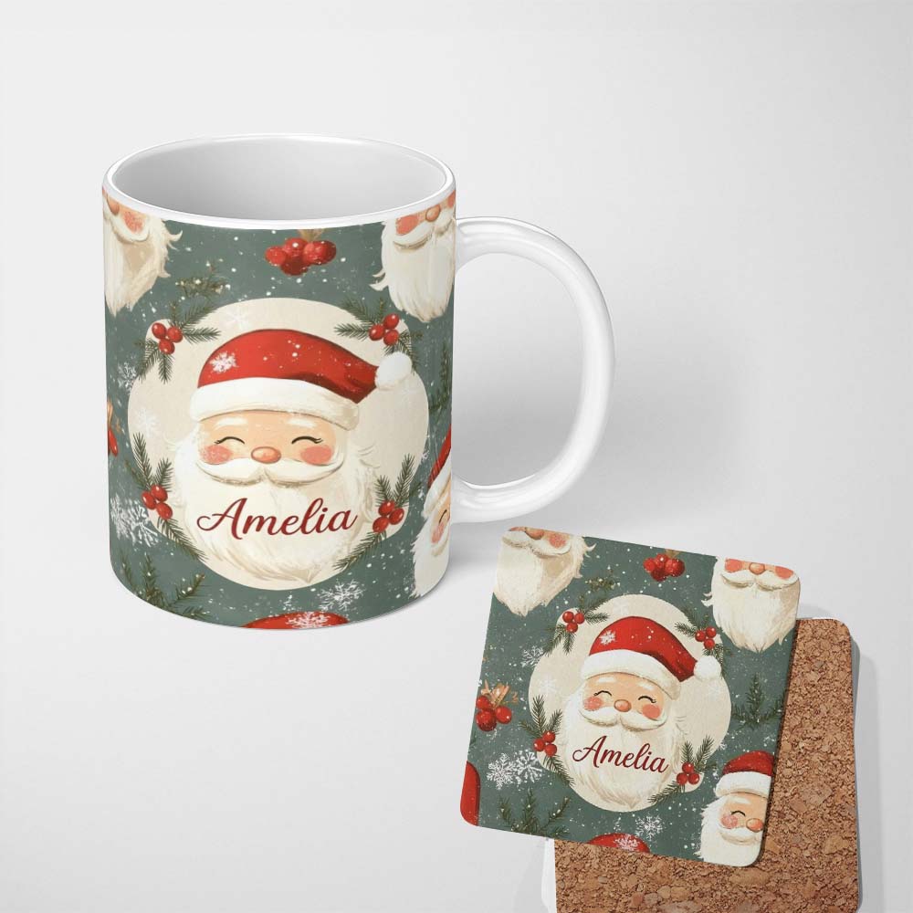 Personalized Custom Name Cute Santa Claus Face Snowflakes Festive Seamless Pattern Lovely 11oz Ceramic Coffee Tea Mug White Large Handle