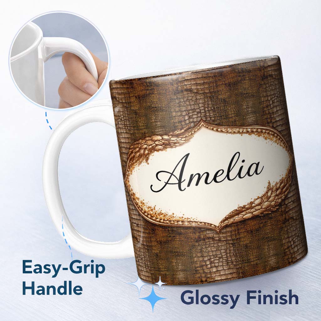 Personalized Custom Name Dark Brown Crocodile Texture Pattern Realistic Design Lovely 11oz Ceramic Coffee Tea Mug White Large Handle
