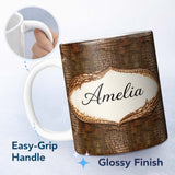 Personalized Custom Name Dark Brown Crocodile Texture Pattern Realistic Design Lovely 11oz Ceramic Coffee Tea Mug White Large Handle