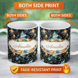 Personalized Custom Name Abstract Teal Gold Crystal Texture Seamless Pattern Cute Unique Gift 11oz Ceramic Coffee Tea Mug White Large Handle