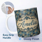 Personalized Custom Name Blue Abstract Spider Web Texture Seamless Pattern Cute Unique Gift 11oz Ceramic Coffee Tea Mug White Large Handle