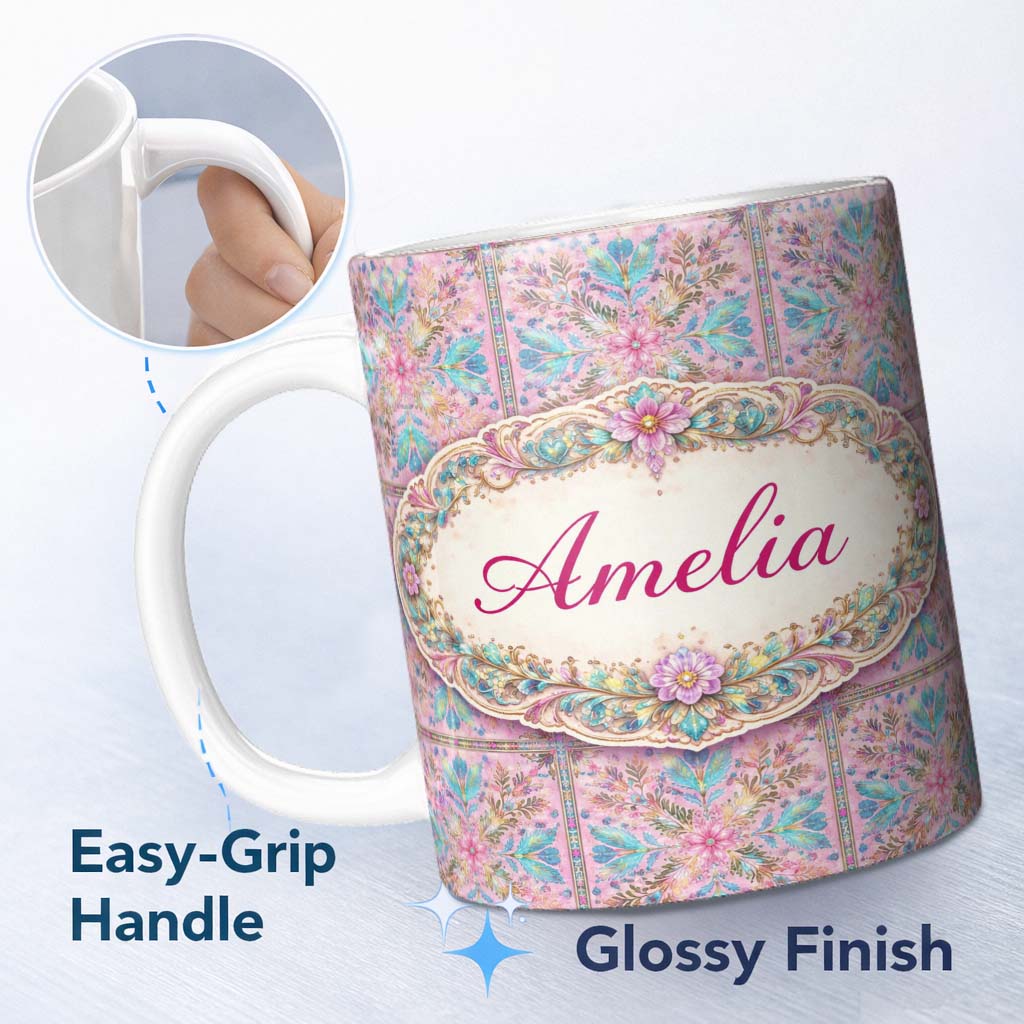 Personalized Custom Name Pastel Pink Teal Folk Art Floral Tile Pattern Decorative Lovely 11oz Ceramic Coffee Tea Mug White Large Handle