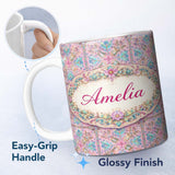 Personalized Custom Name Pastel Pink Teal Folk Art Floral Tile Pattern Decorative Lovely 11oz Ceramic Coffee Tea Mug White Large Handle