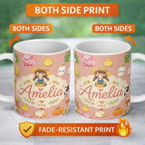 Personalized Custom Name Cute Farm Animals Girl Pig Cow Chicken Peach Background Seamless 11oz Ceramic Coffee Tea Mug White Large Handle