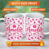Personalized Custom Name Cute Pink Christmas Gifts Stars Hand Drawn Seamless Pattern Lovely 11oz Ceramic Coffee Tea Mug White Large Handle