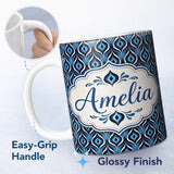 Personalized Custom Name Blue Geometric Wave Abstract Seamless Pattern Design Lovely 11oz Ceramic Coffee Tea Mug White Large Handle