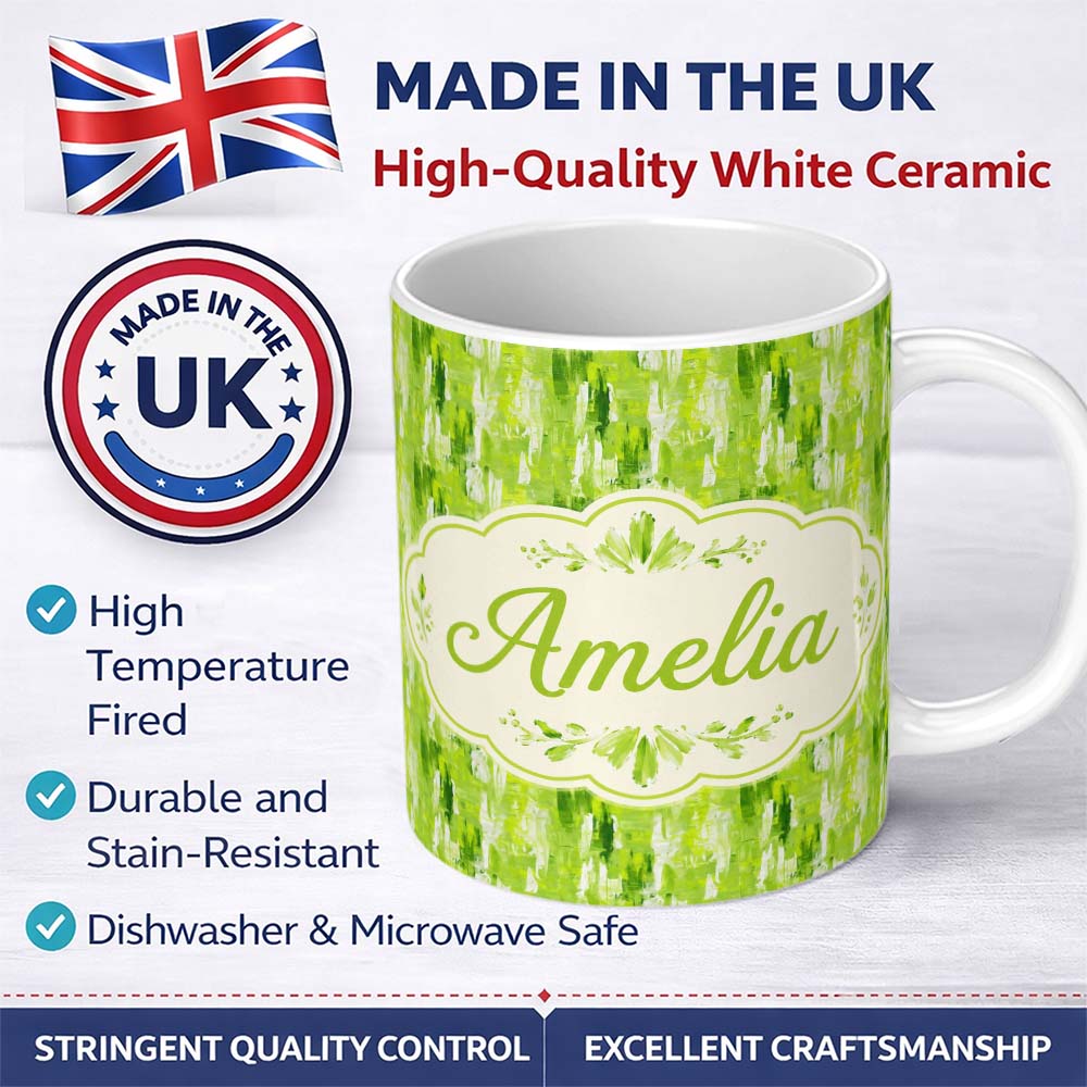 Personalized Custom Name Abstract Green Brushstroke Texture Seamless Pattern Artistic Design 11oz Ceramic Coffee Tea Mug White Large Handle