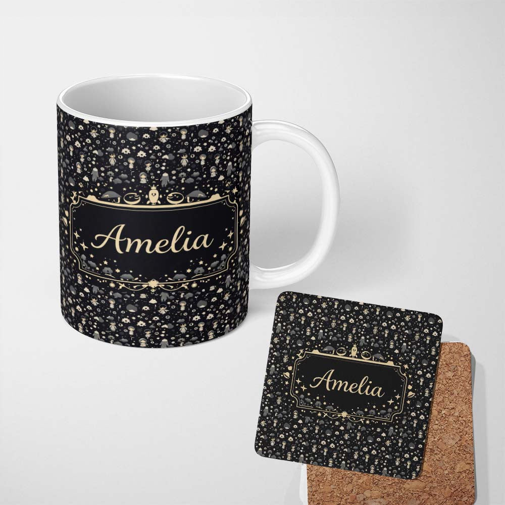 Personalized Custom Name Dark Cute Character Night Pattern Cartoon Kids Design Lovely 11oz Ceramic Coffee Tea Mug White Large Handle