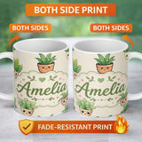 Personalized Custom Name Cute Kawaii Smiling Plant Pots Leaves Seamless Pattern Cream Lovely 11oz Ceramic Coffee Tea Mug White Large Handle