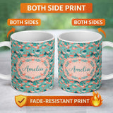Personalized Custom Name Modern Flamingo Birds with Teal Tropical Leaves Seamless Pattern 11oz Ceramic Coffee Tea Mug White Large Handle
