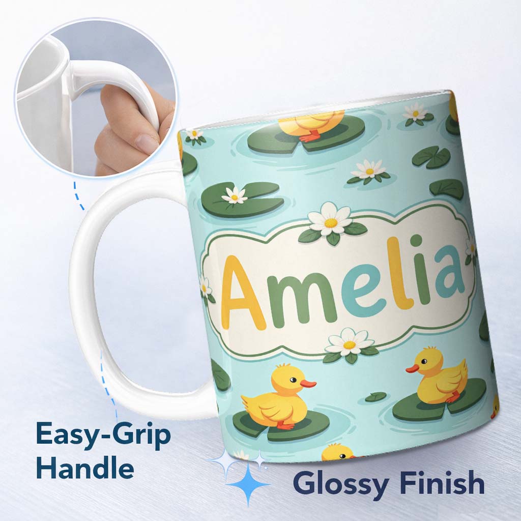 Personalized Custom Name Cute Ducks on Lily Pads Pond Nature Seamless Pattern Lovely 11oz Ceramic Coffee Tea Mug White Large Handle