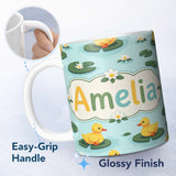 Personalized Custom Name Cute Ducks on Lily Pads Pond Nature Seamless Pattern Lovely 11oz Ceramic Coffee Tea Mug White Large Handle