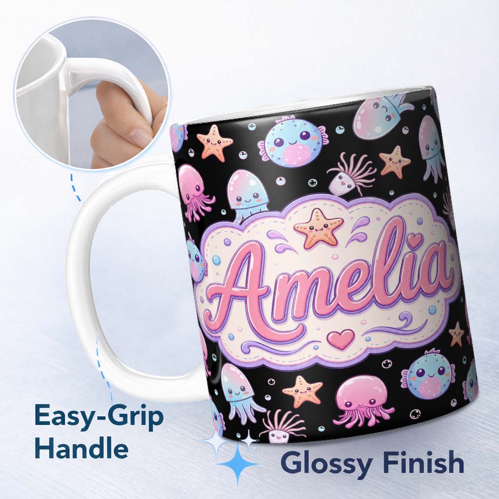 Personalized Custom Name Kawaii Jellyfish Puffer Fish Starfish Pastel Ocean Creatures Black 11oz Ceramic Coffee Tea Mug White Large Handle