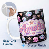 Personalized Custom Name Kawaii Jellyfish Puffer Fish Starfish Pastel Ocean Creatures Black 11oz Ceramic Coffee Tea Mug White Large Handle