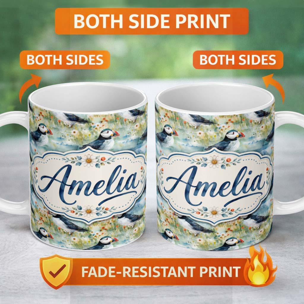 Personalized Custom Name Vintage Puffin Bird and Floral Pattern Botanical Coastal Seamless 11oz Ceramic Coffee Tea Mug White Large Handle