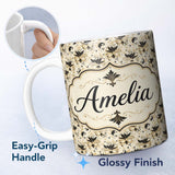 Personalized Custom Name Classic Black and Gold Floral Masquerade Mask Pattern on Cream 11oz Ceramic Coffee Tea Mug White Large Handle