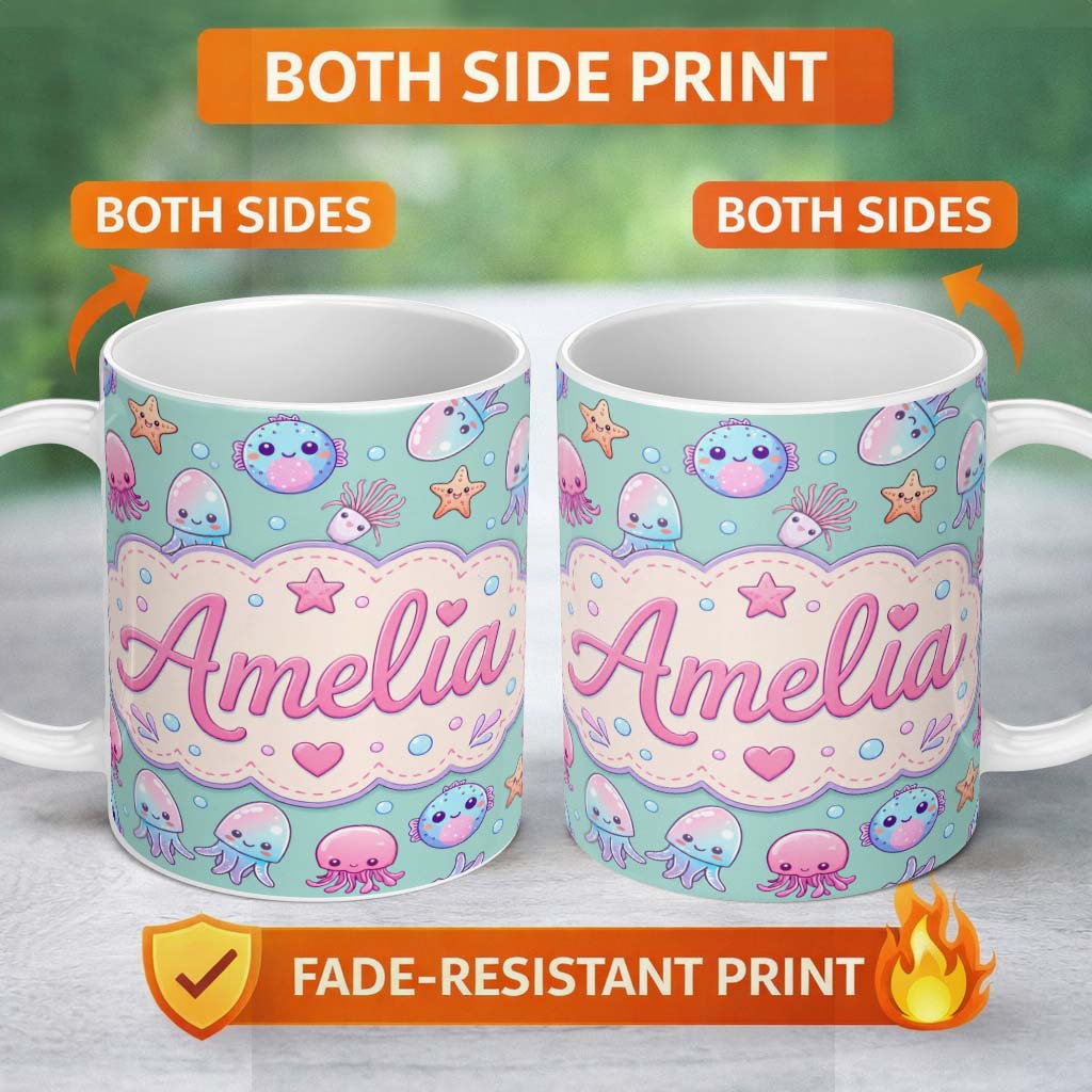 Personalized Custom Name Kawaii Jellyfish Starfish and Sea Creatures Mint Green Background 11oz Ceramic Coffee Tea Mug White Large Handle